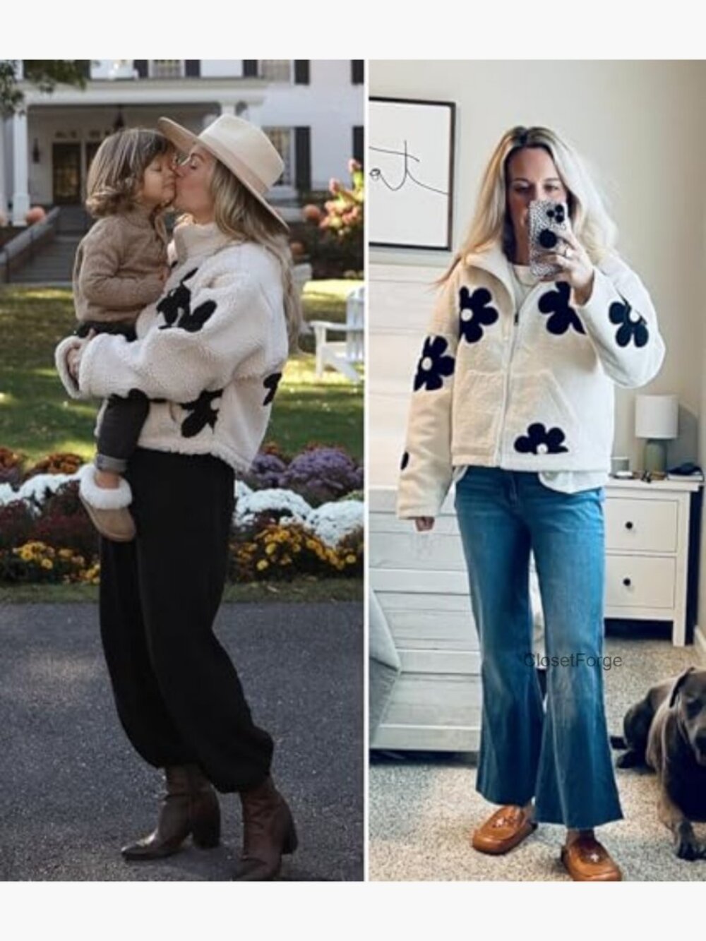 Womens Floral Sherpa Fleece Jacket Cropped Zip Up Long Sleeve Casual Winter - Picture 4 of 7